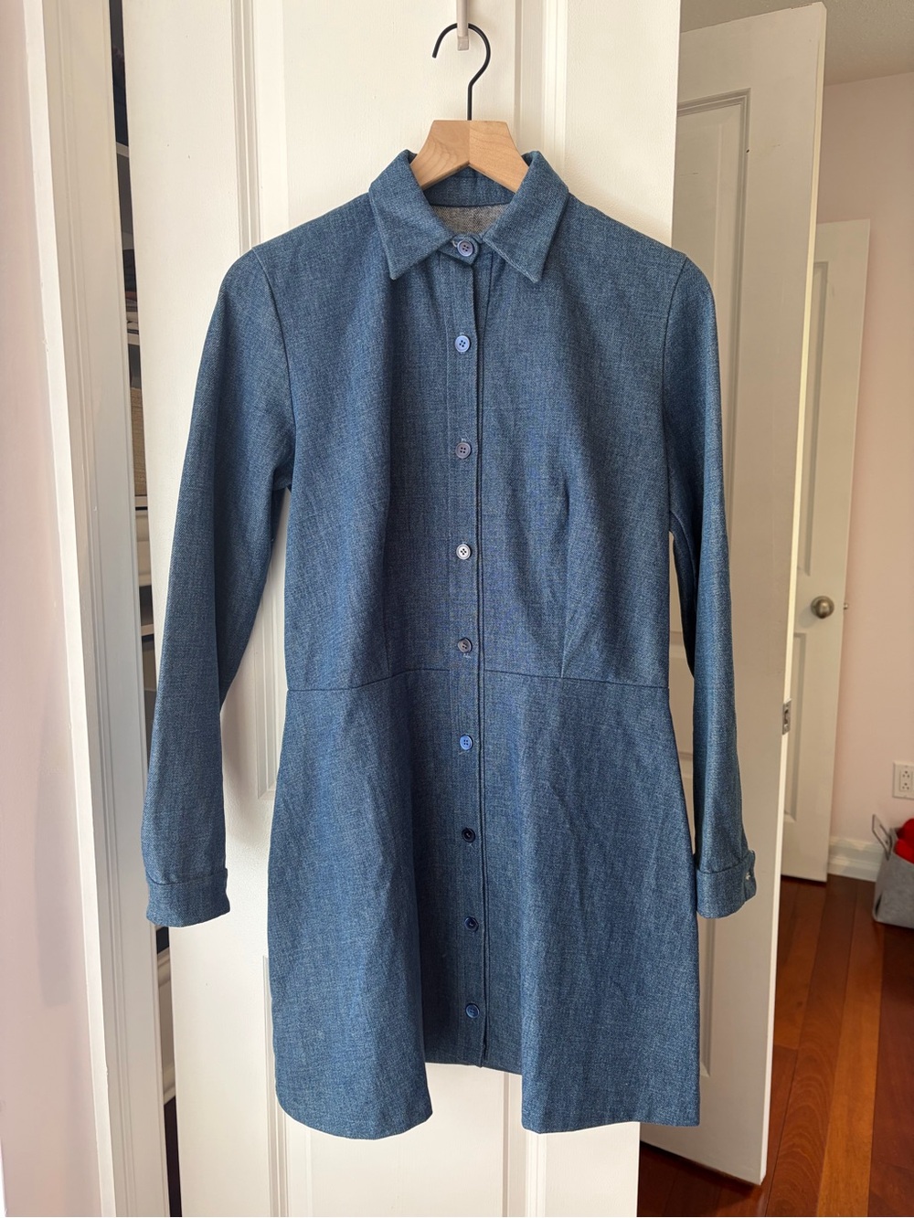 Handmade Classic Blue Button-Front Shirt A-Line Dress